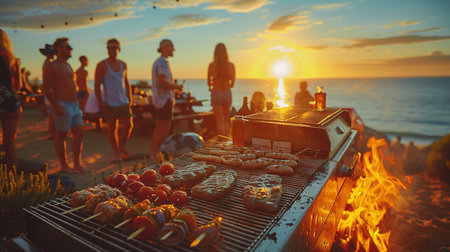 Happy friends are having fun while they are preparing a barbecue on the beach. Vacation concept.の素材