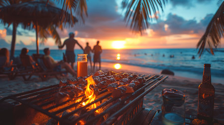 Happy friends are having fun while they are preparing a barbecue on the beach. Vacation concept.の素材