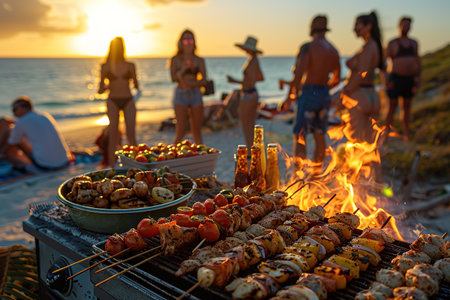 Happy friends are having fun while they are preparing a barbecue on the beach. Vacation concept.の素材