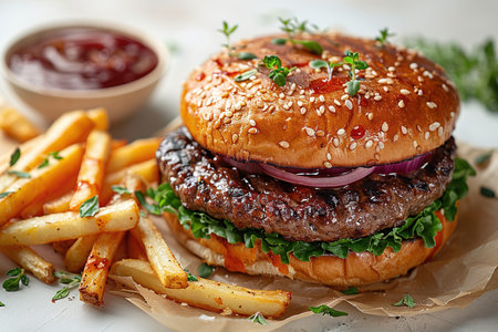 Delicious hamburger with cola and potato fries on a wooden table with a light background behind. Fast food concept.の素材