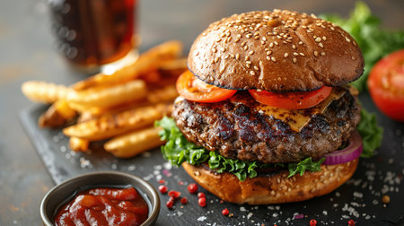 Delicious hamburger with cola and potato fries on a wooden table with a dark brown background behind. Fast food concept.の素材