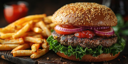 Delicious hamburger with cola and potato fries on a wooden table with a dark brown background behind. Fast food concept.の素材