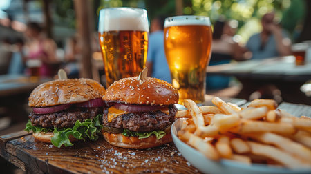 Burgers, French fries and beer at an outdoor picnic. Friends gathered at a barbecue on a warm summer evening.の素材