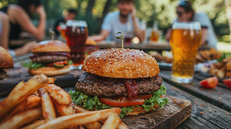Burgers, French fries and beer at an outdoor picnic. Friends gathered at a barbecue on a warm summer evening.の素材