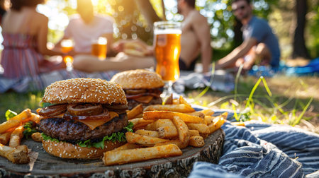 Burgers, French fries and beer at an outdoor picnic. Friends gathered at a barbecue on a warm summer evening.の素材