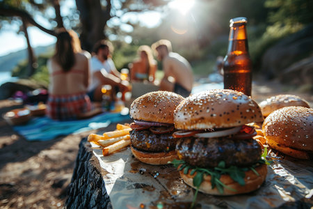 Burgers, French fries and beer at an outdoor picnic. Friends gathered at a barbecue on a warm summer evening.の素材