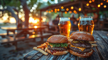 Burgers, French fries and beer at an outdoor picnic. Friends gathered at a barbecue on a warm summer evening.の素材