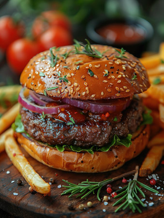 Delicious hamburger with cola and potato fries on a wooden table with a dark brown background behind. Fast food concept.の素材