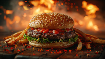 A spectacular spicy burger with French fries and beer on a background of flames.の素材