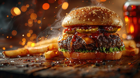 A spectacular spicy burger with French fries and beer on a background of flames.の素材