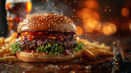 A spectacular spicy burger with French fries and cola on a background of flames.の素材