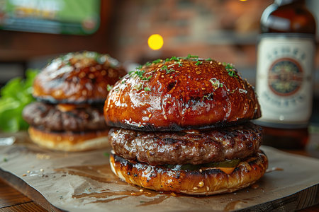 Burgers, French fries and glasses of foamy beer in the bar against the background of a TV showing a football match.の素材
