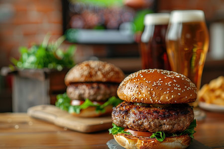 Burgers, French fries and glasses of foamy beer in the bar against the background of a TV showing a football match.の素材