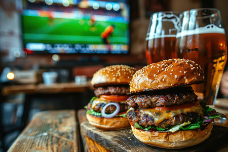 Burgers, French fries and glasses of foamy beer in the bar against the background of a TV showing a football match.の素材