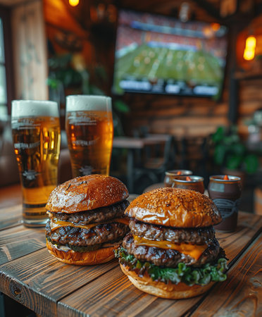 Burgers, French fries and glasses of foamy beer in the bar against the background of a TV showing a football match.の素材