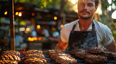 Man grilling burger meat on barbecue grill close up, smoke coming out of the grill, male person flipping burgers on a grillの素材