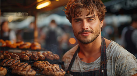 Man grilling burger meat on barbecue grill close up, smoke coming out of the grill, male person flipping burgers on a grillの素材