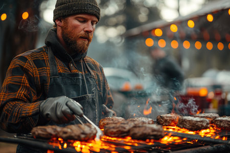Man grilling burger meat on barbecue grill close up, smoke coming out of the grill, male person flipping burgers on a grillの素材