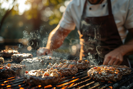 Man grilling burger meat on barbecue grill close up, smoke coming out of the grill, male person flipping burgers on a grillの素材