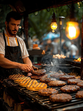 Man grilling burger meat on barbecue grill close up, smoke coming out of the grill, male person flipping burgers on a grillの素材