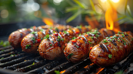Hot sausage with spices on grill with fire in summer in garden.の素材