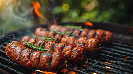 Hot sausage with spices on grill with fire in summer in garden.の素材