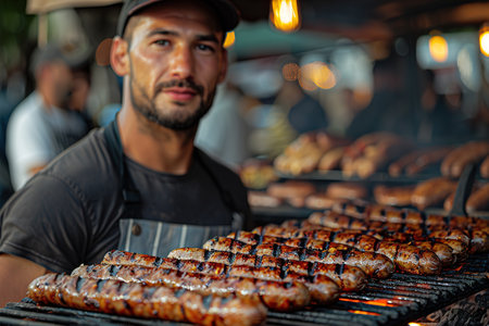 Hot sausage with spices on grill with fire in summer in garden.の素材