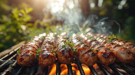Hot sausage with spices on grill with fire in summer in garden.の素材