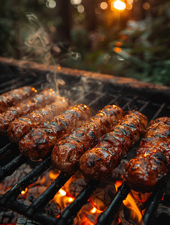 Hot sausage with spices on grill with fire in summer in garden.の素材