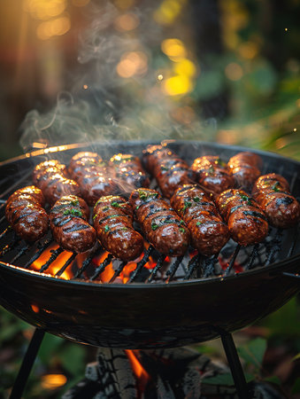 Hot sausage with spices on grill with fire in summer in garden.の素材