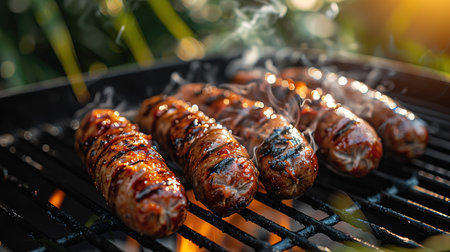 Hot sausage with spices on grill with fire in summer in garden.の素材