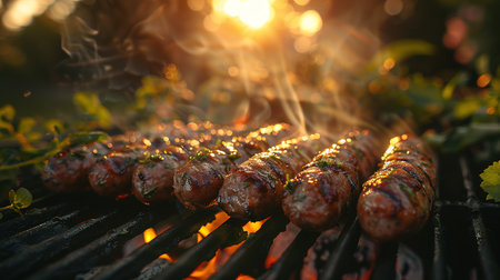 Hot sausage with spices on grill with fire in summer in garden.の素材