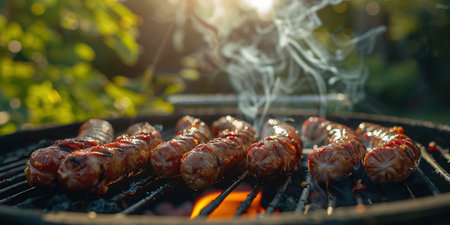 Hot sausage with spices on grill with fire in summer in garden.の素材