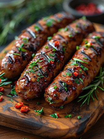 Fried sausages with sauces and herbs on a wooden serving Board. Great beer snack on a dark background. Top viewの素材