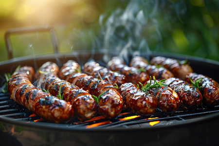 Hot sausage with spices on grill with fire in summer in garden.の素材