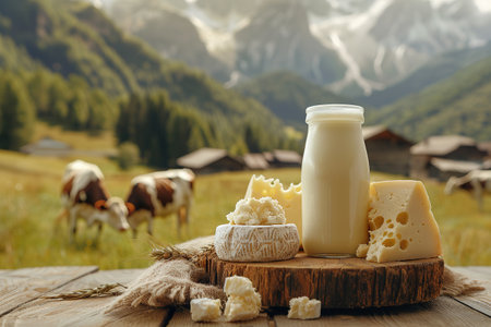 Milk, sour cream, cheese and cottage cheese on table on background of meadow with cows in the mountainsの素材