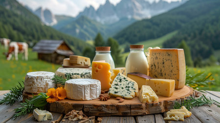 Milk, sour cream, cheese and cottage cheese on table on background of meadow with cows in the mountainsの素材