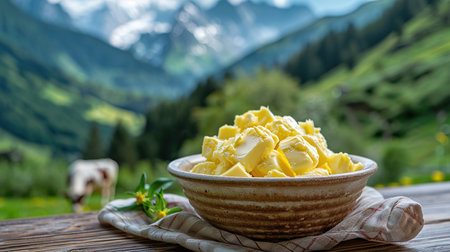 Fresh butter on table on background of meadow with cows.の素材