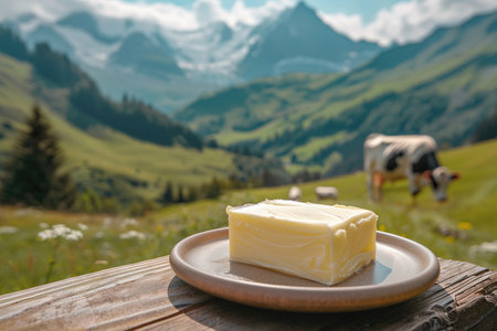 Fresh butter on table on background of meadow with cows.の素材