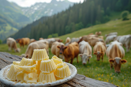 Fresh butter on table on background of meadow with cows.の素材