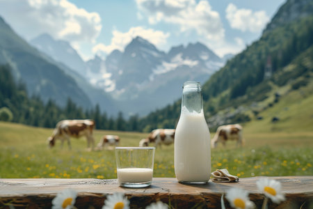 Milk on table on background of meadow with cows.の素材