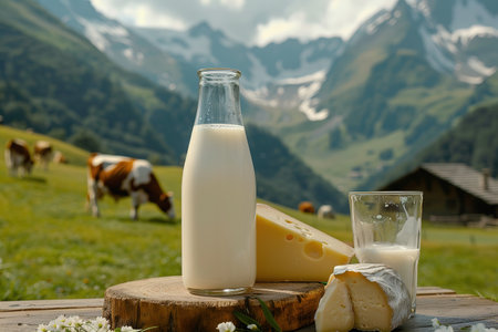 Milk, sour cream, cheese and cottage cheese on table on background of meadow with cows in the mountainsの素材