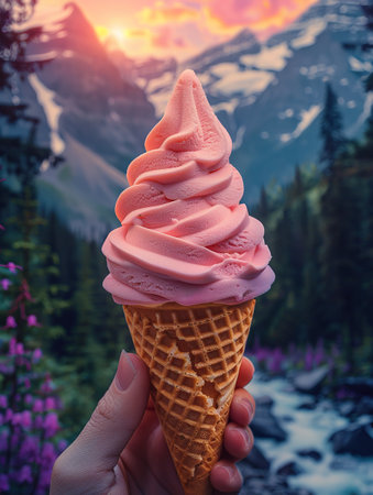Woman's hand holding Fantasy Cone of Ice cream, Passion fruit Sherbet and Raspberry Sorbet on the grass field background, Ice cream melting in the summer day.の素材