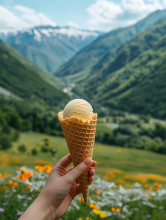 Woman's hand holding Fantasy Cone of Ice cream, Passion fruit Sherbet and Raspberry Sorbet on the grass field background, Ice cream melting in the summer day.の素材
