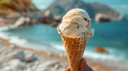 one hand holds tasty ice cream on a summer beach.の素材