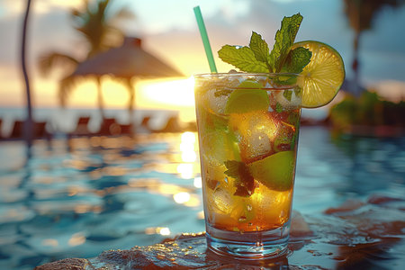 Fresh lemonade or mojito cocktail in glass with straw on a swimming poll border on sunny day.の素材