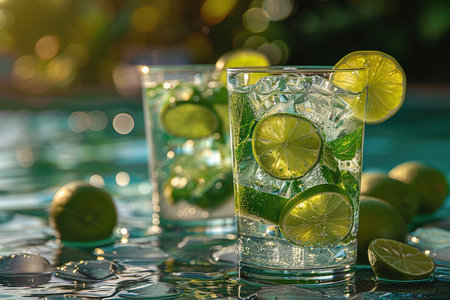 Fresh lemonade or mojito cocktail in glass with straw on a swimming poll border on sunny day.の素材