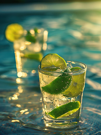 Fresh lemonade or mojito cocktail in glass with straw on a swimming poll border on sunny day.の素材