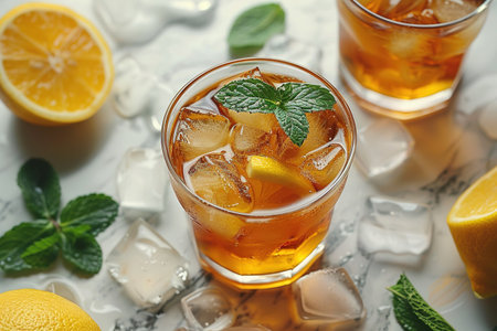 Cuba Libre or long island iced tea cocktail with strong drinks, cola, lime and ice in glass, cold longdrink or lemonadeの素材