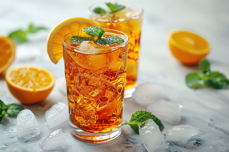 Cuba Libre or long island iced tea cocktail with strong drinks, cola, lime and ice in glass, cold longdrink or lemonadeの素材